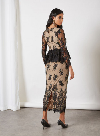 Plunge Neck Peplum Lace Midi Dress Black