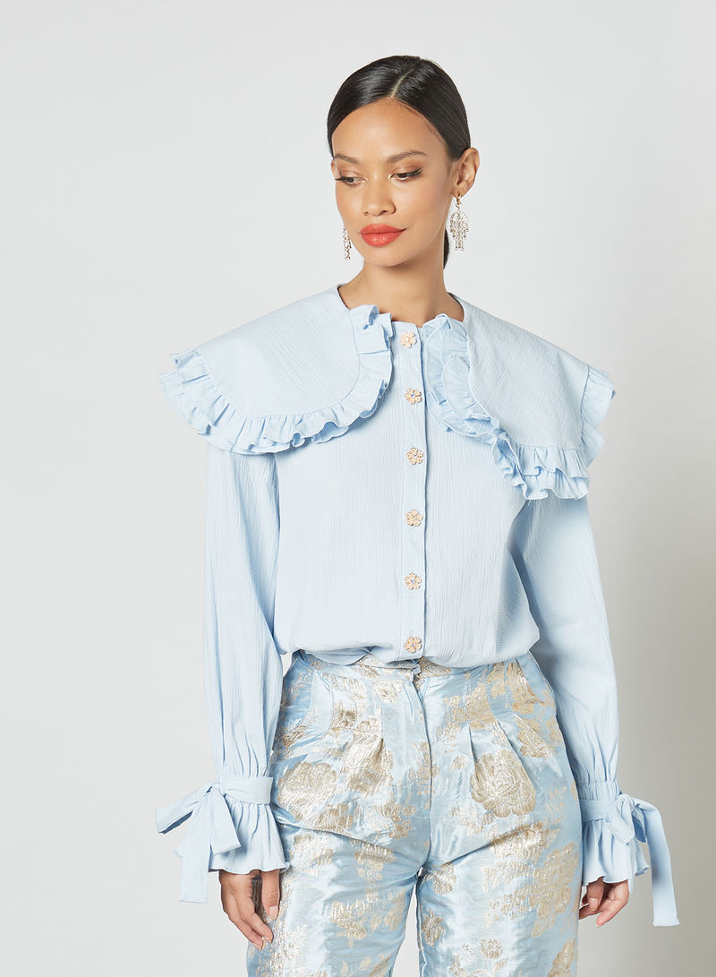 Oversized Collar Buttoned Blouse Blue