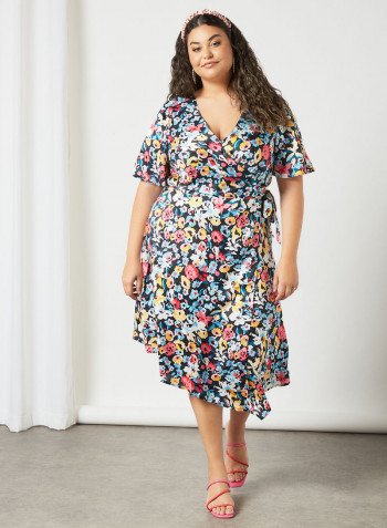 Plus Size Floral Print Wrap Dress Multicolour