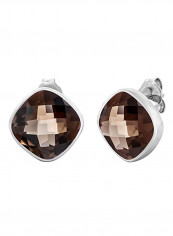 Sterling Silver Smokey Quartz Gemstone Cushion Cut Stud Earrings