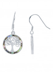 Sterling Silver And Created Opal Mop Or Abalone Tree Of Life Circle Earrings