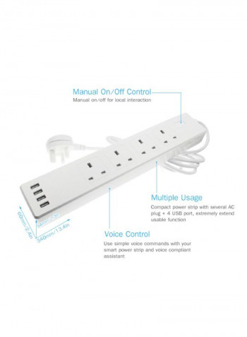 Wi-Fi Smart Plug Surge Protector Multi Outlet White 37.6x6.6x8cm