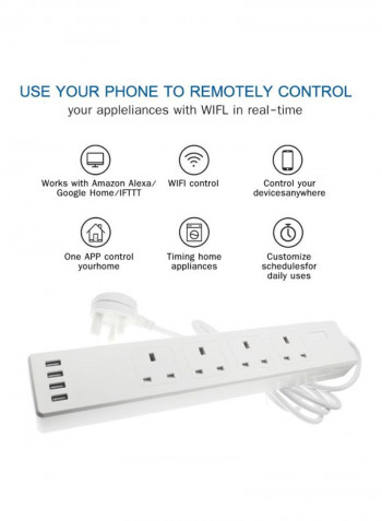 Wi-Fi Smart Plug Surge Protector Multi Outlet White 37.6x6.6x8cm