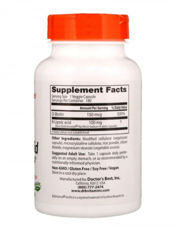 Stabilized R Lipoic Acid With BioEnhanced Na RALA - 180 Capsules