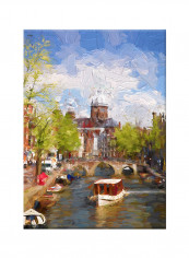 Channel In The City Vintage Abstract Oil Art Canvas Painting Multicolour 50x70centimeter