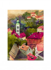 Greeny City Vintage Abstract Watercolor Art Canvas Painting Multicolour 50x70centimeter