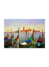 Boats At The Bay Art Oil Canvas Painting Multicolour 70x50centimeter