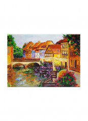 European City Street With Flowers Vintage Art Oil Canvas Painting Multicolour 70x50centimeter