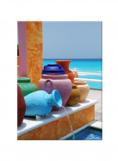 Vintage Clay Vases With Sea View On Canvas Painting Multicolor 50x70centimeter