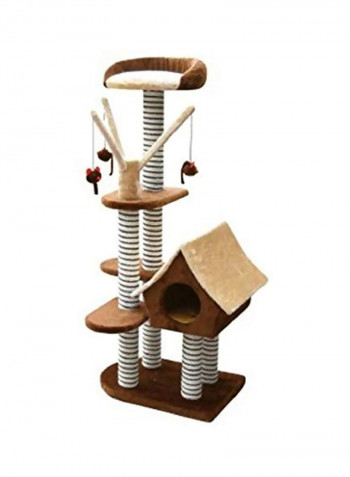 Cat Scratching Pole Tower With House And Hanging Toys Brown/Beige