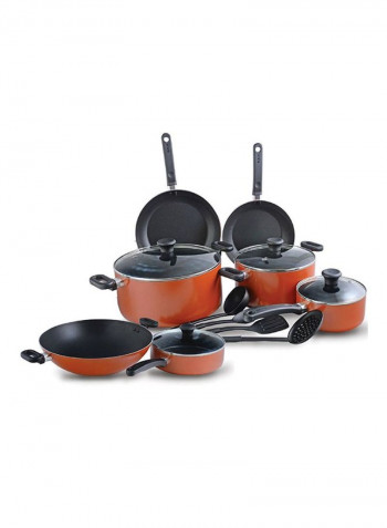 15-Piece Aluminium Cooking Set Orange/Black Sauce Pan With Lid 18, Dutch Oven With Lids24, Dutch Oven With Lids 30, Frypan 24, Frypan 28, Chicken Fryer With Lid 24cm