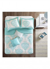 5-Piece Damask Designed Comforter Set Aqua Blue/Grey Full