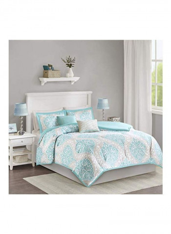 5-Piece Damask Designed Comforter Set Aqua Blue/Grey Full