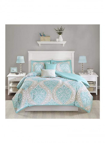 5-Piece Damask Designed Comforter Set Aqua Blue/Grey Full
