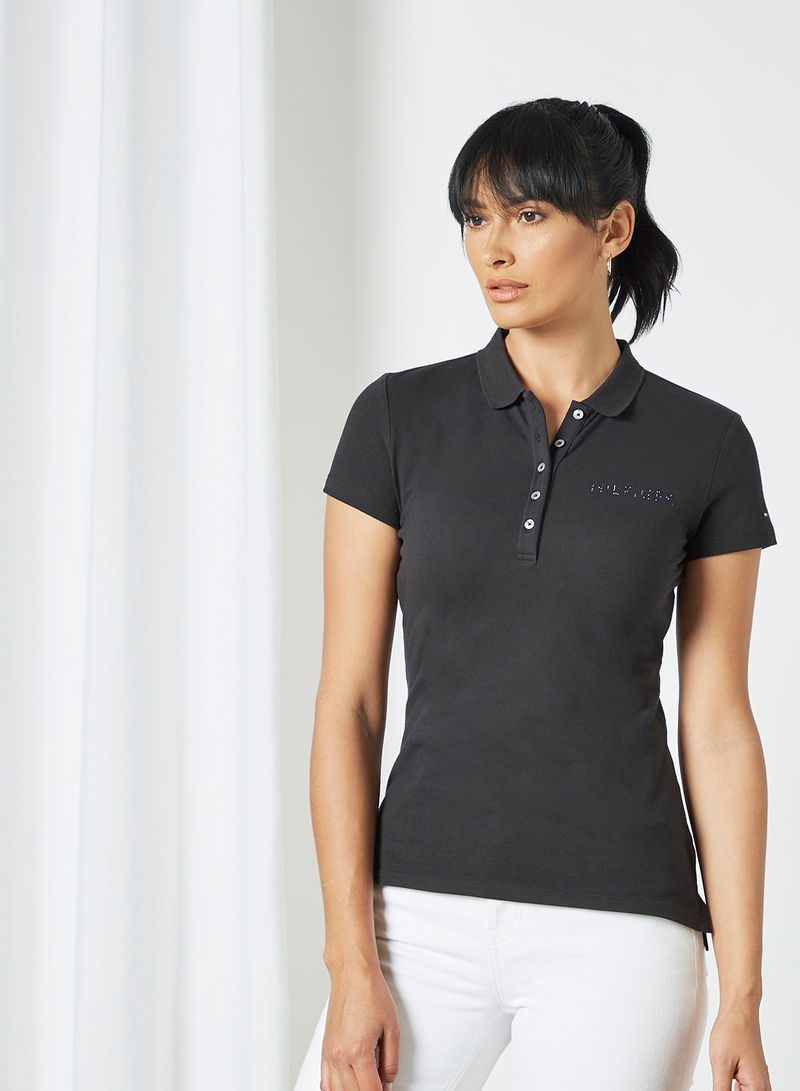 Crystal Embellished Logo Polo Black