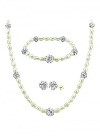 10K Gold Gradual Crystal Balls And Pearls Strand Jewellery Set