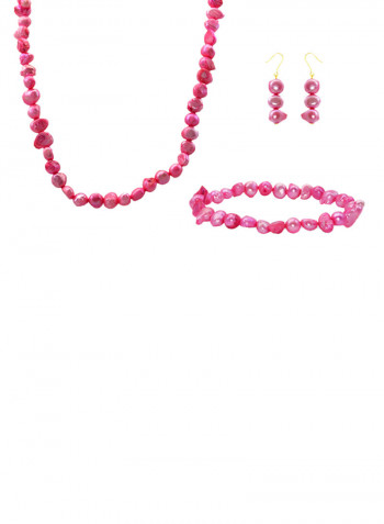 Set of 3 10 Karat Gold Pearl Beads Necklace Bracelet and Earrings