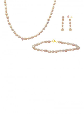 Set of 4 10 Karat Gold Pearl Beads Necklace Bracelet Earrings and Ring