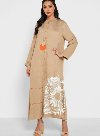Button Down Printed Dress Beige