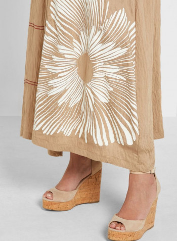 Button Down Printed Dress Beige