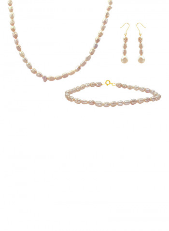 Set of 3 10 Karat Gold Pearl Beads Necklace Bracelet and Earrings