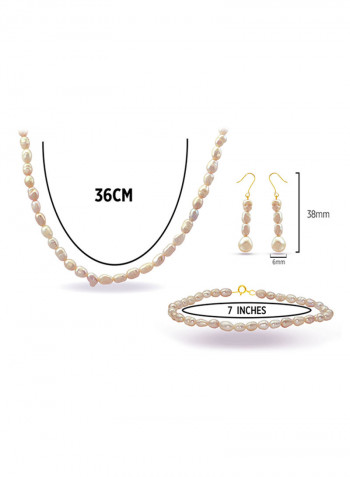 Set of 3 10 Karat Gold Pearl Beads Necklace Bracelet and Earrings