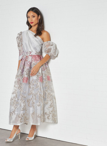 Asymmetric Neck Floral Organza Dress Grey