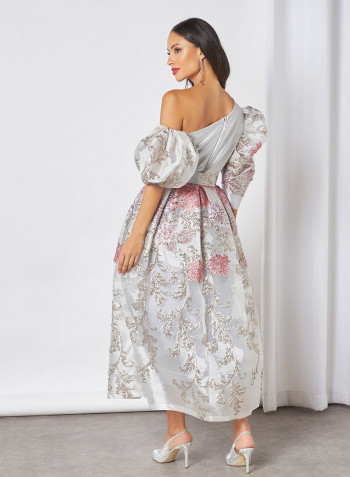 Asymmetric Neck Floral Organza Dress Grey