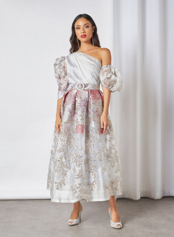 Asymmetric Neck Floral Organza Dress Grey