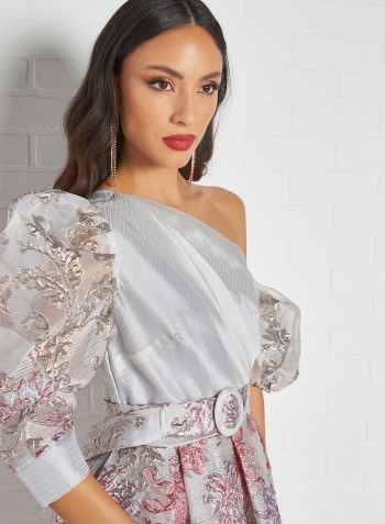 Asymmetric Neck Floral Organza Dress Grey