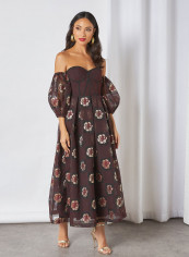 Off Shoulder Corset Bodice Floral Jacquard Midi Dress Wine
