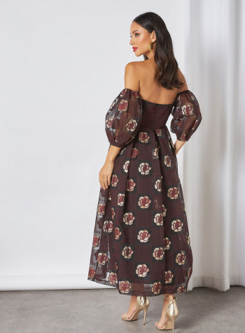 Off Shoulder Corset Bodice Floral Jacquard Midi Dress Wine