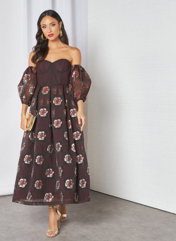 Off Shoulder Corset Bodice Floral Jacquard Midi Dress Wine