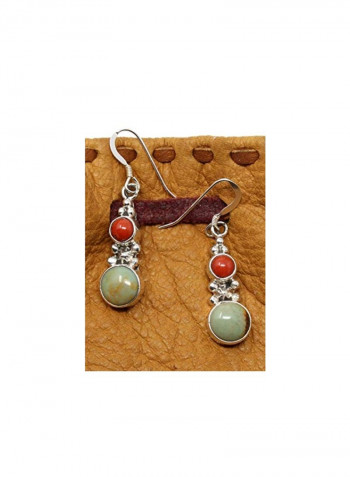 925 Sterling Silver Turquoise And Coral Studded Dangle Earrings
