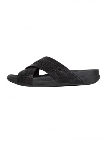 Surfer Slide Woven Leather Croc Emboss Black