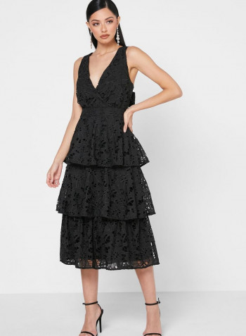 Tie Back V-Neck Midi Dress Black