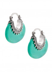 925 Sterling Silver Boho Bali Style Tribal Gemstone Crescent Hoop Earrings