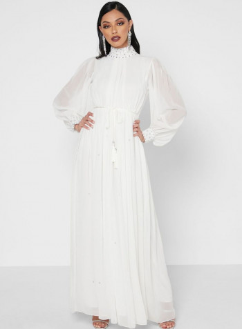 Embellished High Neck Maxi Dress White