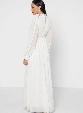 Embellished High Neck Maxi Dress White