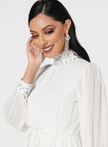 Embellished High Neck Maxi Dress White