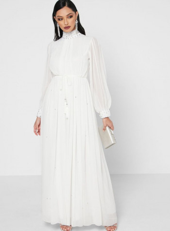 Embellished High Neck Maxi Dress White