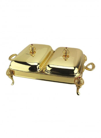 Rectangular Food Warmer Pot Gold Warming Stand 50x30x10, Rectangular Glass Dish 29x18x5, Cover 30x19x9cm