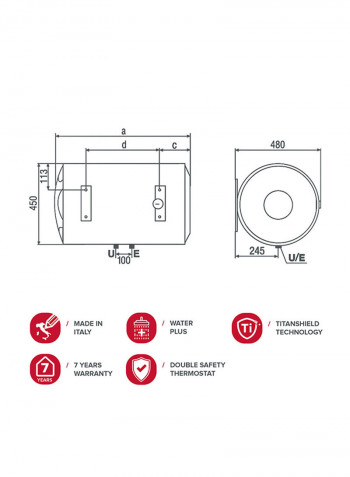 Horizontal Electric Water Heater 80L PRO-1R  PRO1 R White/Grey