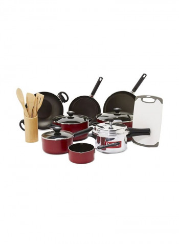 Classique 16pc Cooking Set +  Prestige Popular Pressure Cooker 4.0 Ltr Red/Black/Beige 1 x Casserole(24), 1 x Casserole(28), 1 x Sauce Pan(18), 1 x Milk Pan(14), 1 x Fry Pan(24), 1 x Fry Pan(28), 1 x Wok(28)cm