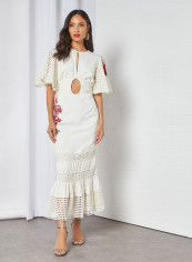 Schiffli Panelled Midi Dress with Waist Tie Off White