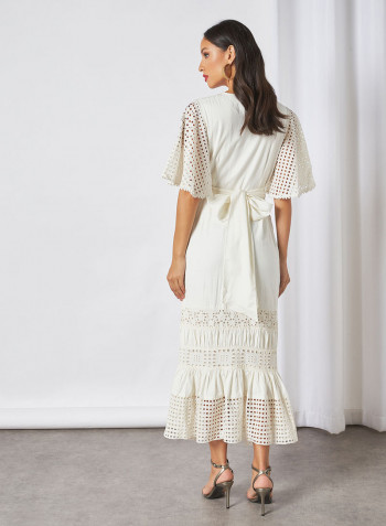 Schiffli Panelled Midi Dress with Waist Tie Off White