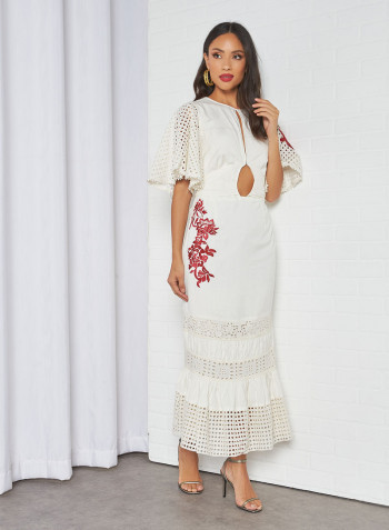 Schiffli Panelled Midi Dress with Waist Tie Off White