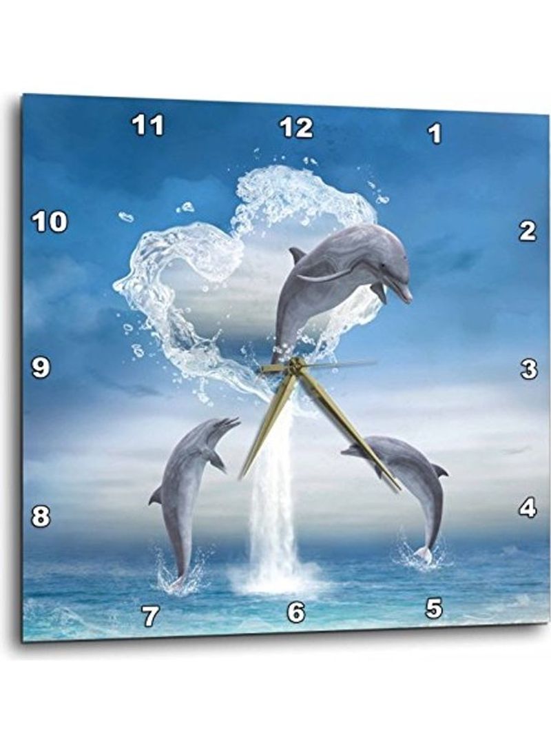 A Dolphin Jumps Out Of A Water Heart Into The Ocean Wall Clock Blue 15x15inch