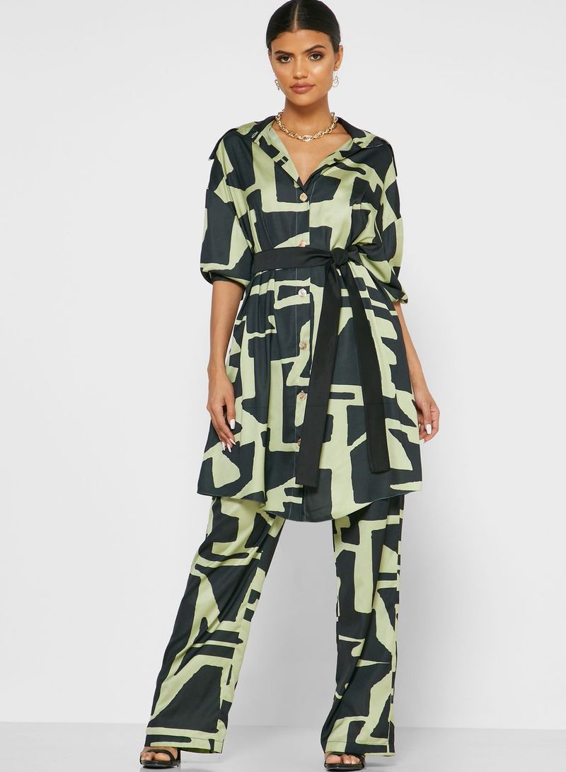 2-Piece Button Down Printed Top With Pants Set Green