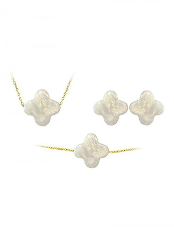 3-Piece 10 Karat Gold Plum Flower Shape Mother Of Pearl Studded Jewelry Set